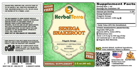 Herbal Terra LLC Senega Snakeroot (Polygala Senega) Glycerite, Dried Roots Alcohol-Free Liquid Extract 2 oz