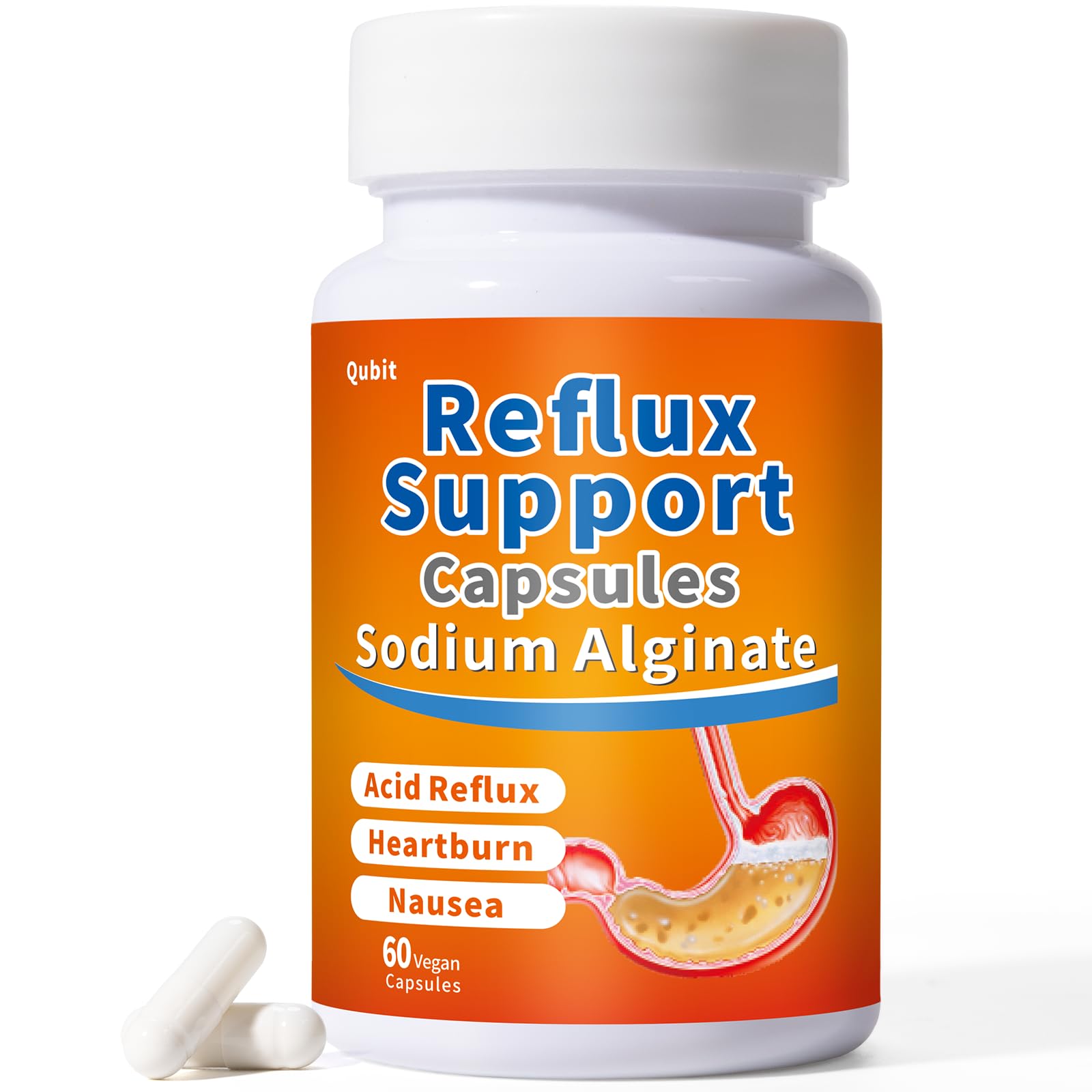 QUBIT Sodium Alginate for Acid Reflux - No Aftertaste & Taste Well, Easy to Swallow, for Silent Reflux, Heartburn & Indigestion 