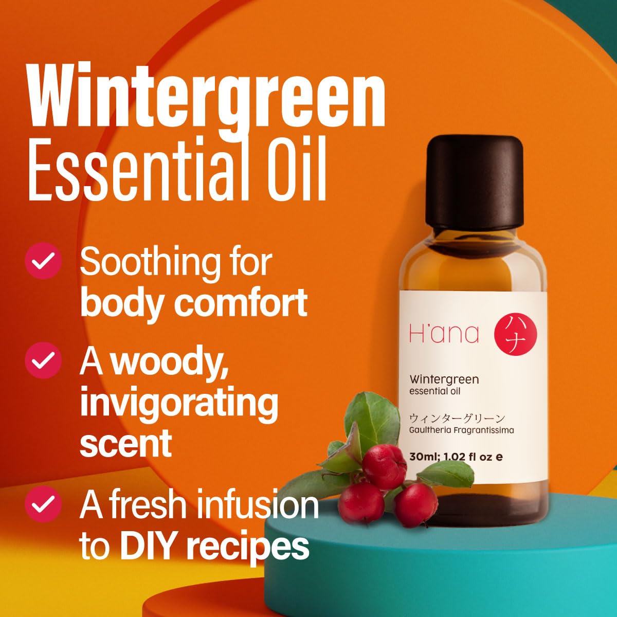 Hana Wintergreen Essential Oil - 100% Pure and Natural Wintergreen Oil for Body, Aromatherapy, Diffuser - with a Refreshing Cris