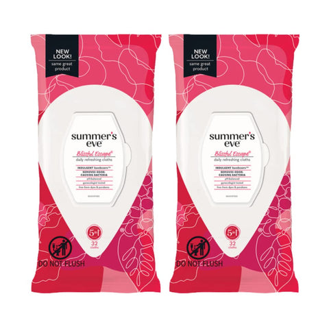 Summers Eve Blissful Escape Daily Refreshing Feminine Wipes, Removes Odor, pH balanced, 32 Count, (Pack of 2)