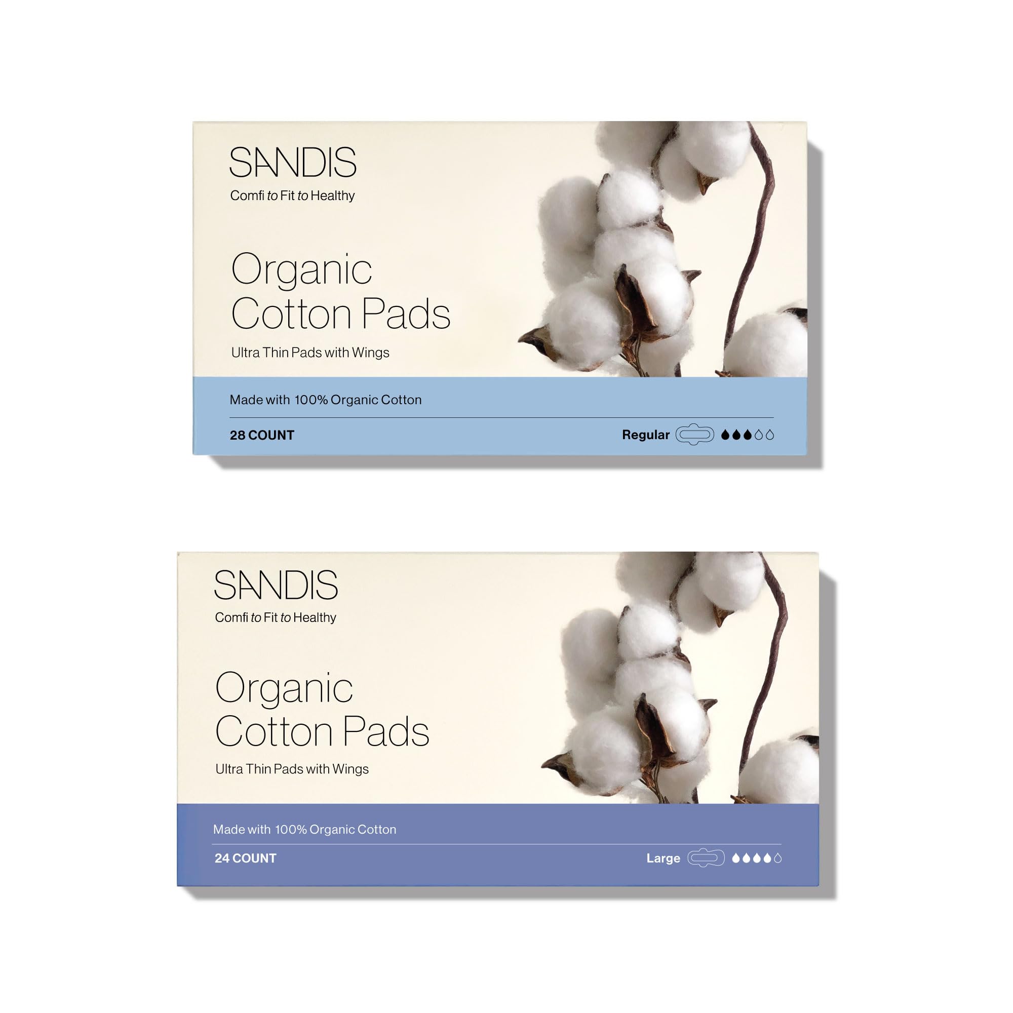 SANDIS Feminine Pad for Women - 100% Organic Cotton Ultra Thin with Wings for Periods Menstrual Pads Sanitary Napkins Leak Prote