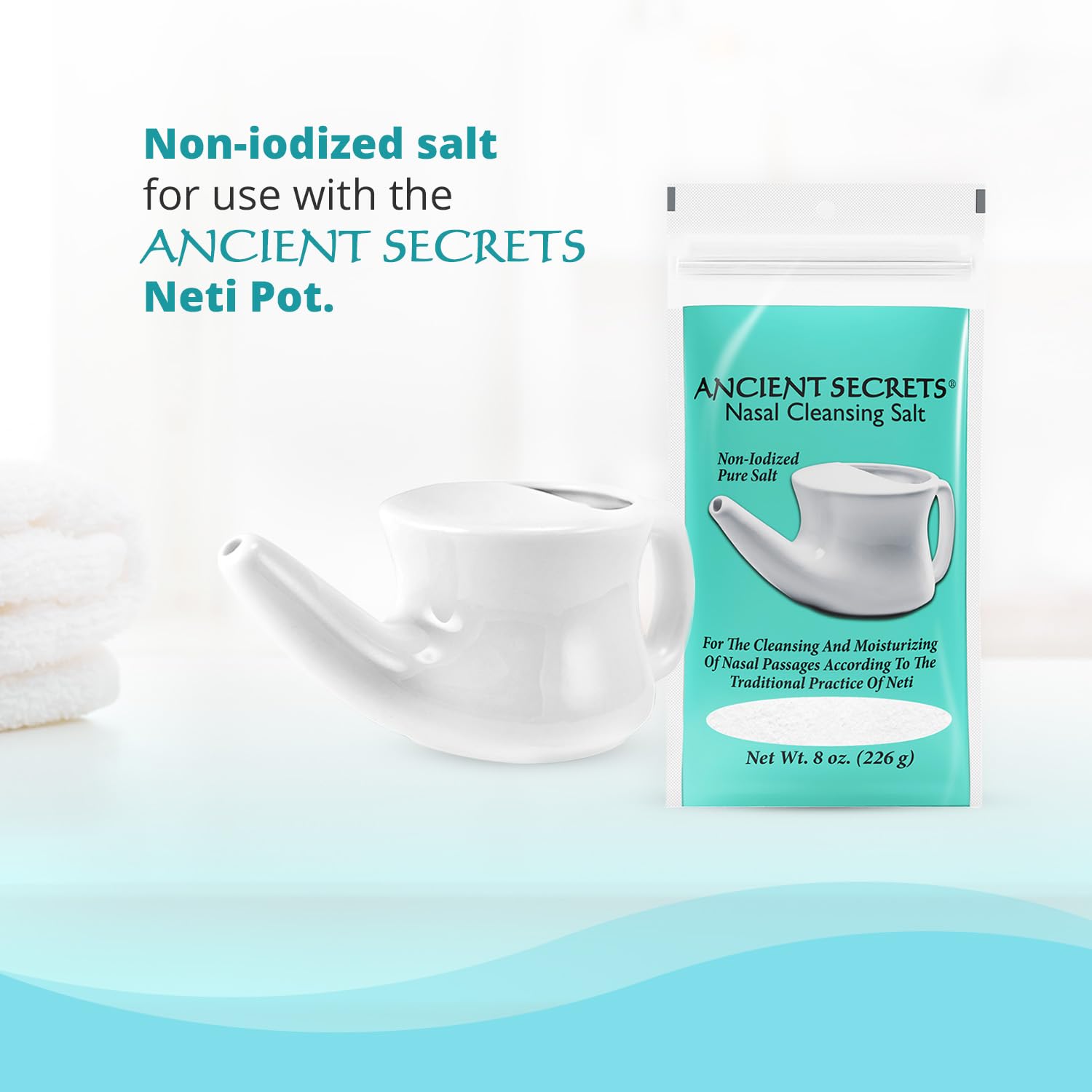 ANCIENT SECRETS Nasal Cleansing Salt, Non-Iodized, 6-Pack - USP-Grade Sodium Chloride for Any Neti Pot, Sinus Irrigation System,