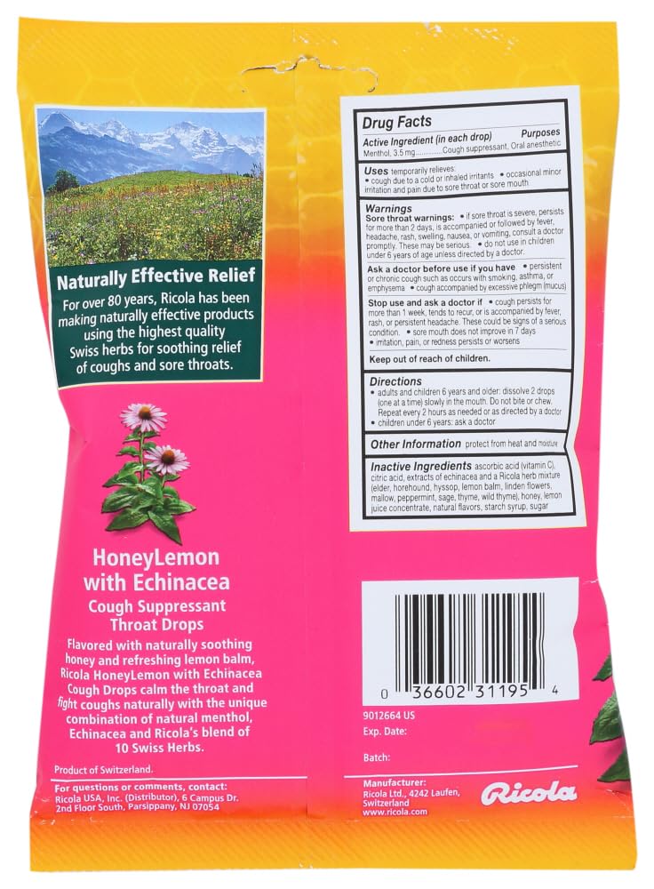Ricola Honey Lemon w/ Echinacea Herbal Cough Suppressant Throat Drops, 19ct Bag (Pack of 3)