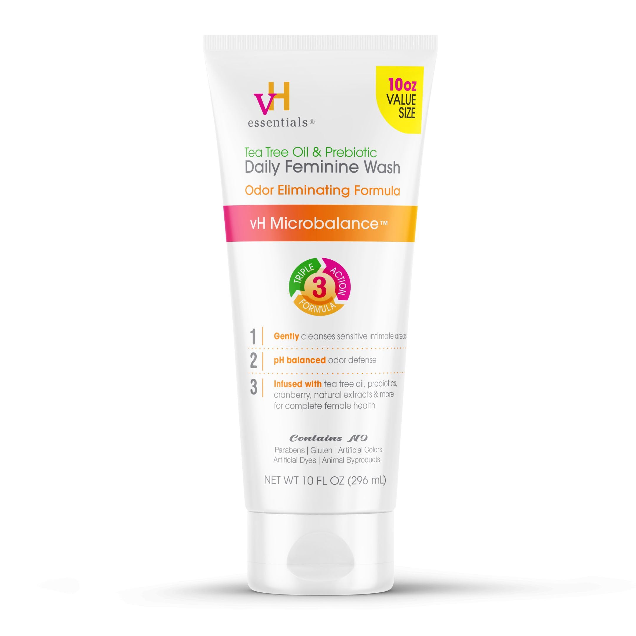 vH essentials Daily Feminine Wash - 10 Fl Oz - Odor Eliminating Vaginal Wash with Tea Tree Oil, Prebiotics and Cranberry, gentle