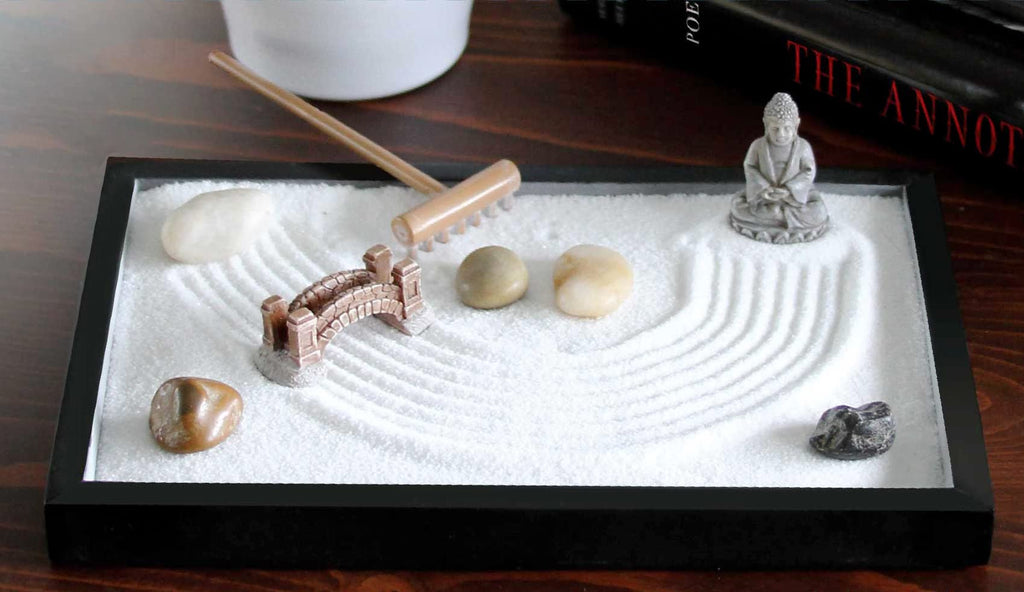 Natures Mark Mini Zen Garden Kit for Desk with Rake, White Sand, Buddha Figures, Bridge Figure and River Rocks, Black Rectangle