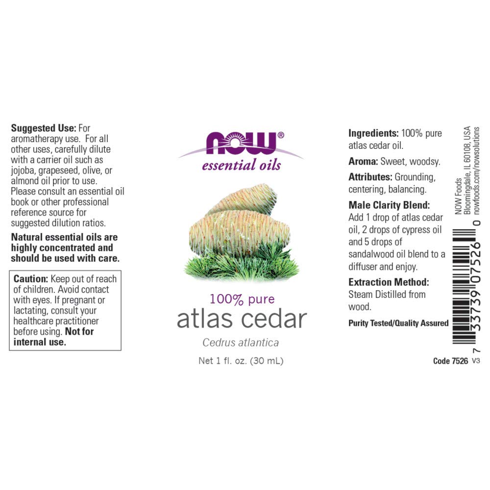 NOW Essential Oils, Atlas Cedar Oil, Balancing Aromatherapy Scent, Steam Distilled, 100% Pure, Vegan, Child Resistant Cap, 1-Oun