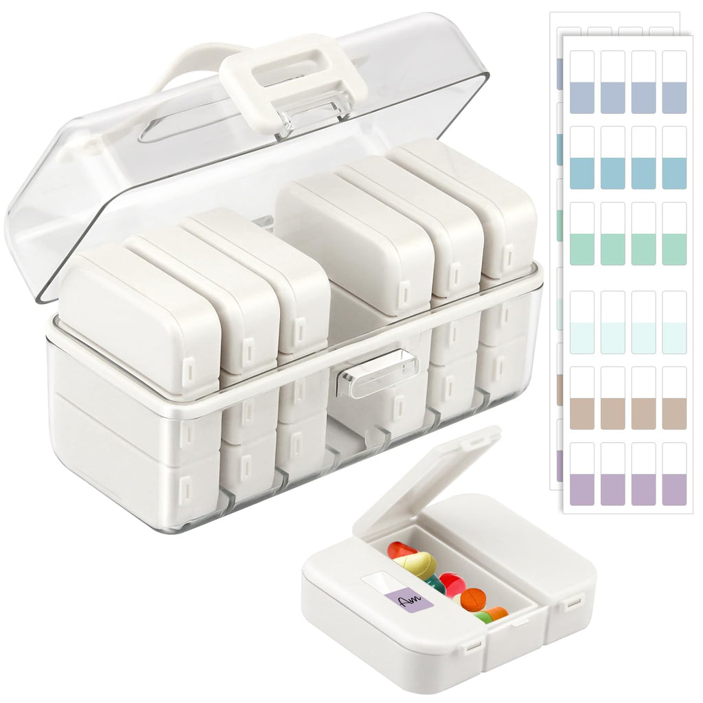Lunhoo Portable Weekly Pill Box 3 Times a Day, Pill Organizer with 7 Detachable Boxes and Stickers, Airtight Organizer Case for 