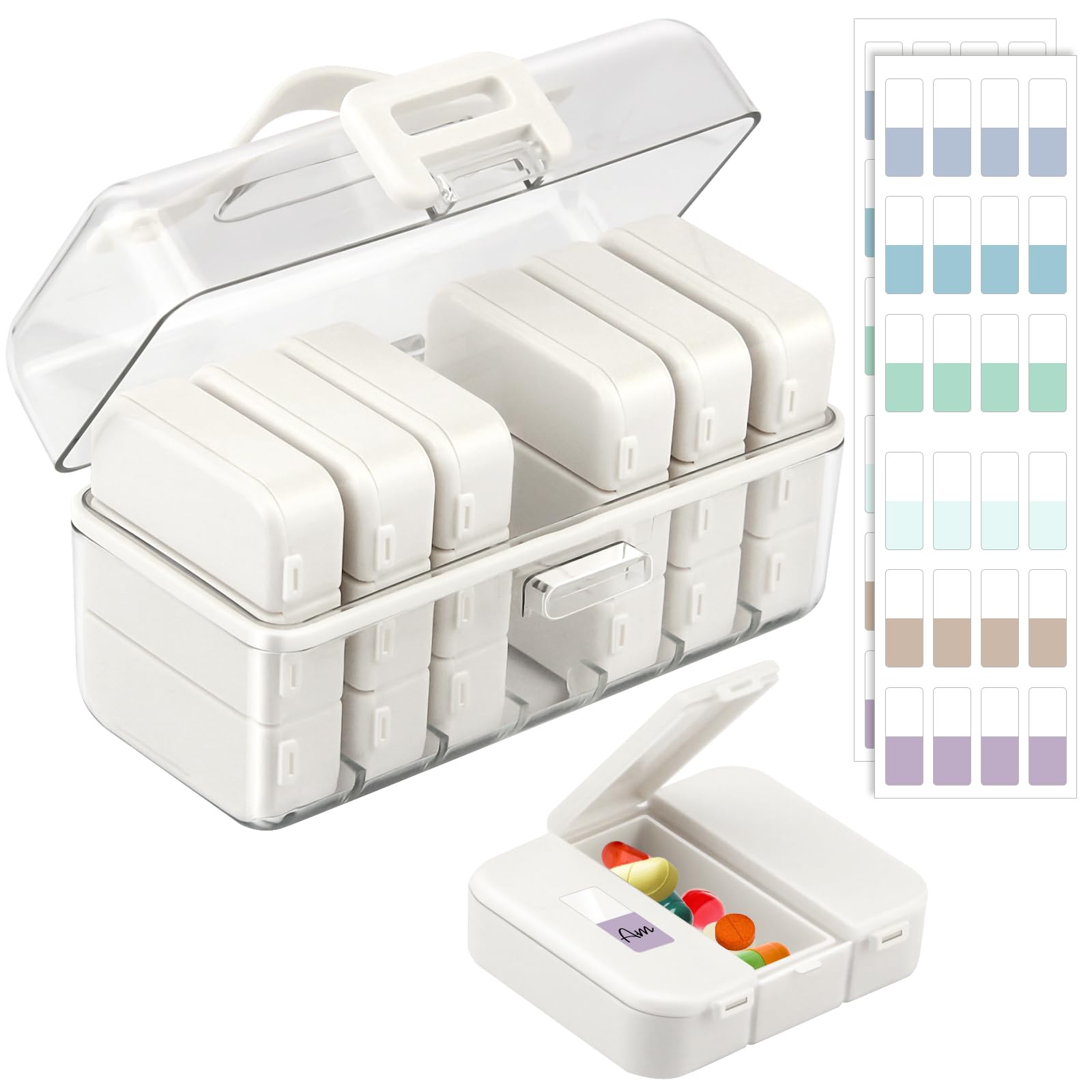 Lunhoo Portable Weekly Pill Box 3 Times a Day, Pill Organizer with 7 Detachable Boxes and Stickers, Airtight Organizer Case for 