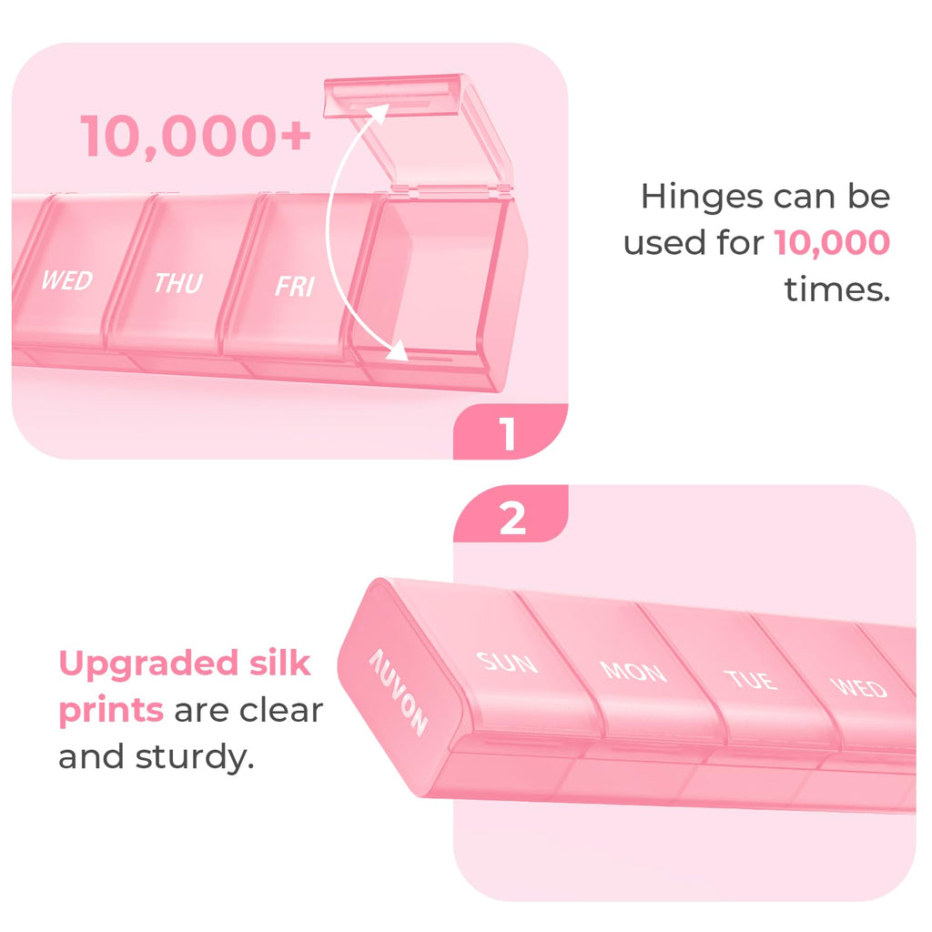 AUVON Weekly Pill Organizer with Effortless Opening Design, Arthritis Friendly Pill Box, BPA-Free Pill Organizer 7 Day, Cute & P