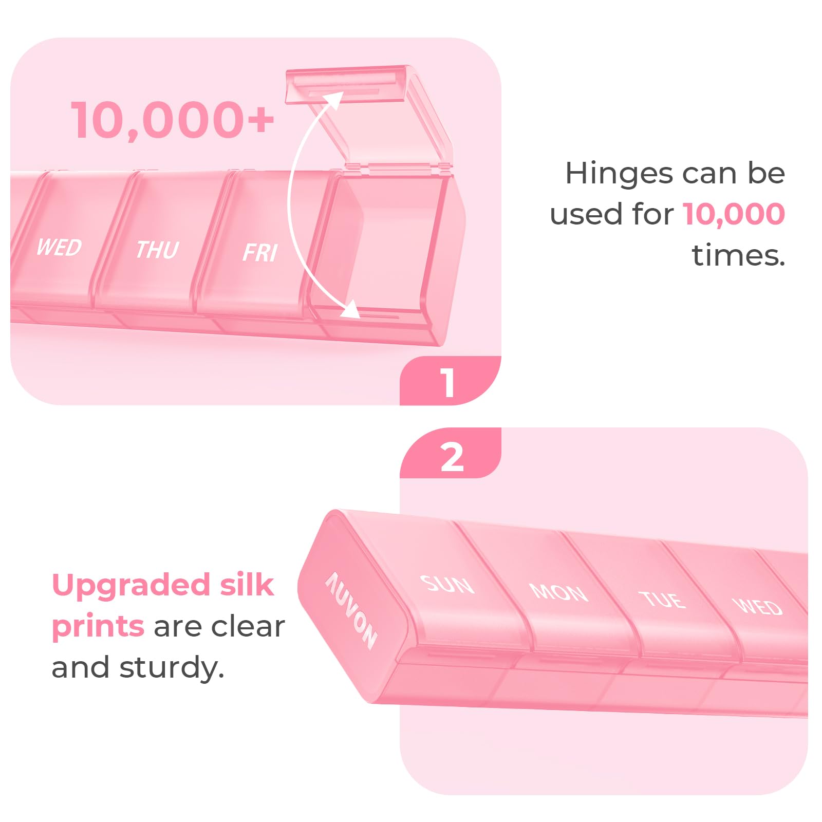 AUVON Weekly Pill Organizer with Effortless Opening Design, Arthritis Friendly Pill Box, BPA-Free Pill Organizer 7 Day, Cute & P