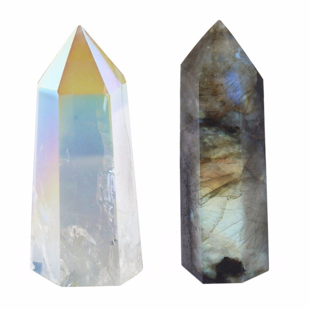 SUNYIK Angel Aura Quartz1.2-2.5''/Labradorite 1.6''-2.8'' Self Standing 6 Facet Single Point Figurine Sphere Pack of 2