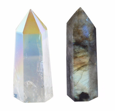 SUNYIK Angel Aura Quartz1.2-2.5''/Labradorite 1.6''-2.8'' Self Standing 6 Facet Single Point Figurine Sphere Pack of 2