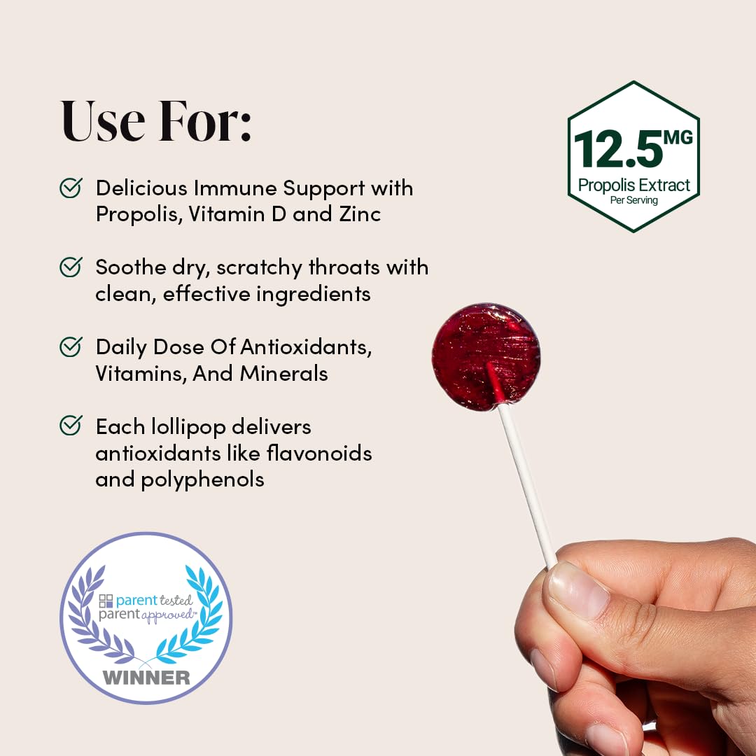 Kids Throat Soothing Lollipops by Beekeepers Naturals - Doctor Formulated Immune Support, Vitamin D & Honey, Under 2g Sugar, Cl