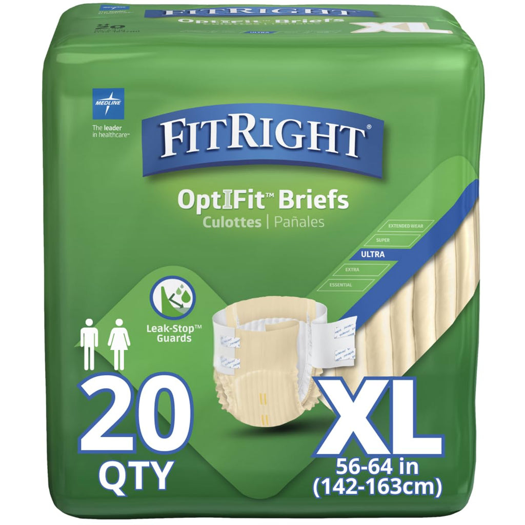 FitRight Ultra Adult Diapers, Disposable Incontinence Briefs with Tabs, Heavy Absorbency, X-Large, 57-66, 4 packs of 20 (80 tota