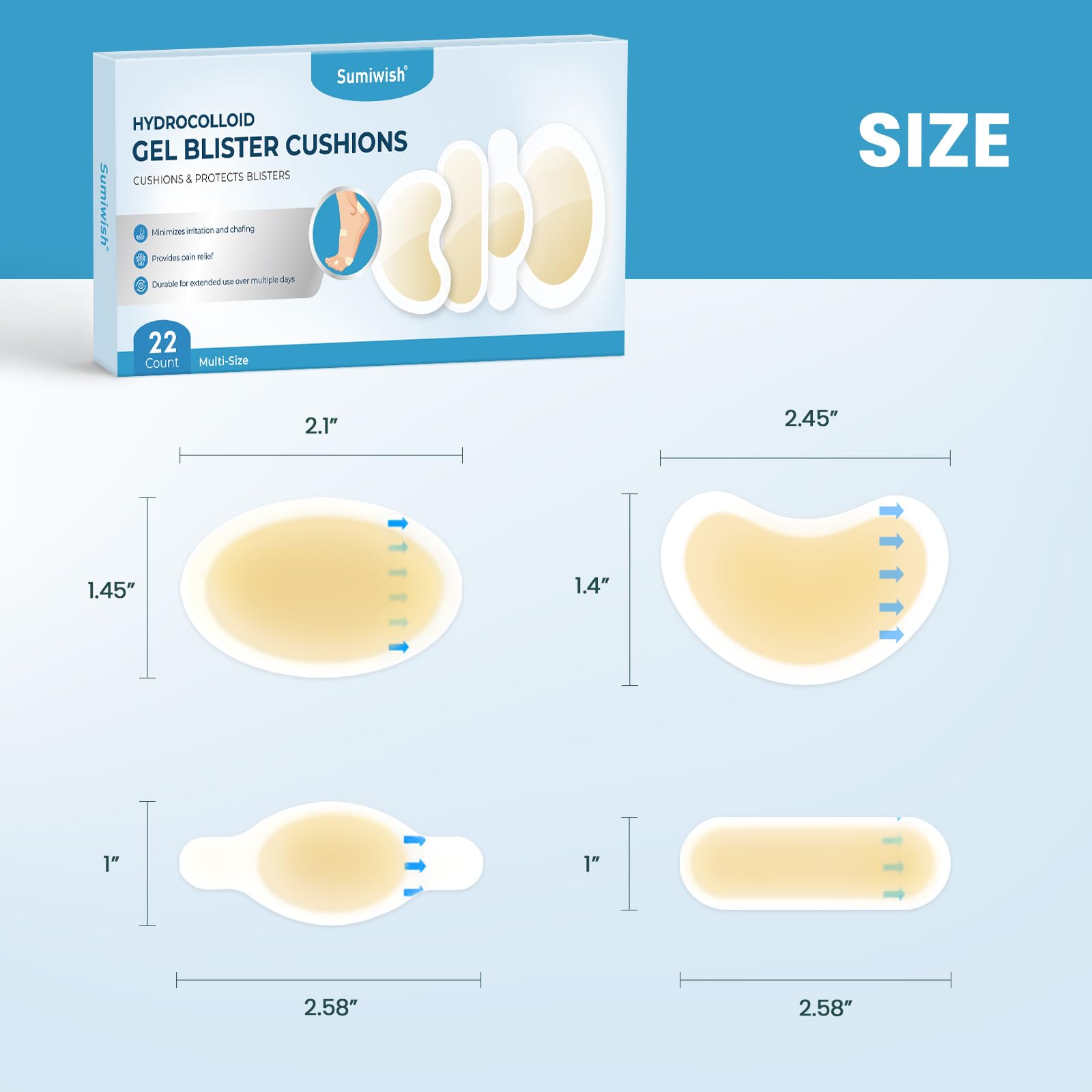 Sumiwish Sumiwish Hydrocolloid Gel Blister Bandages - 22ct for Heel, Toe & Foot - Prevent & Recover Blisters - Water Resistant D