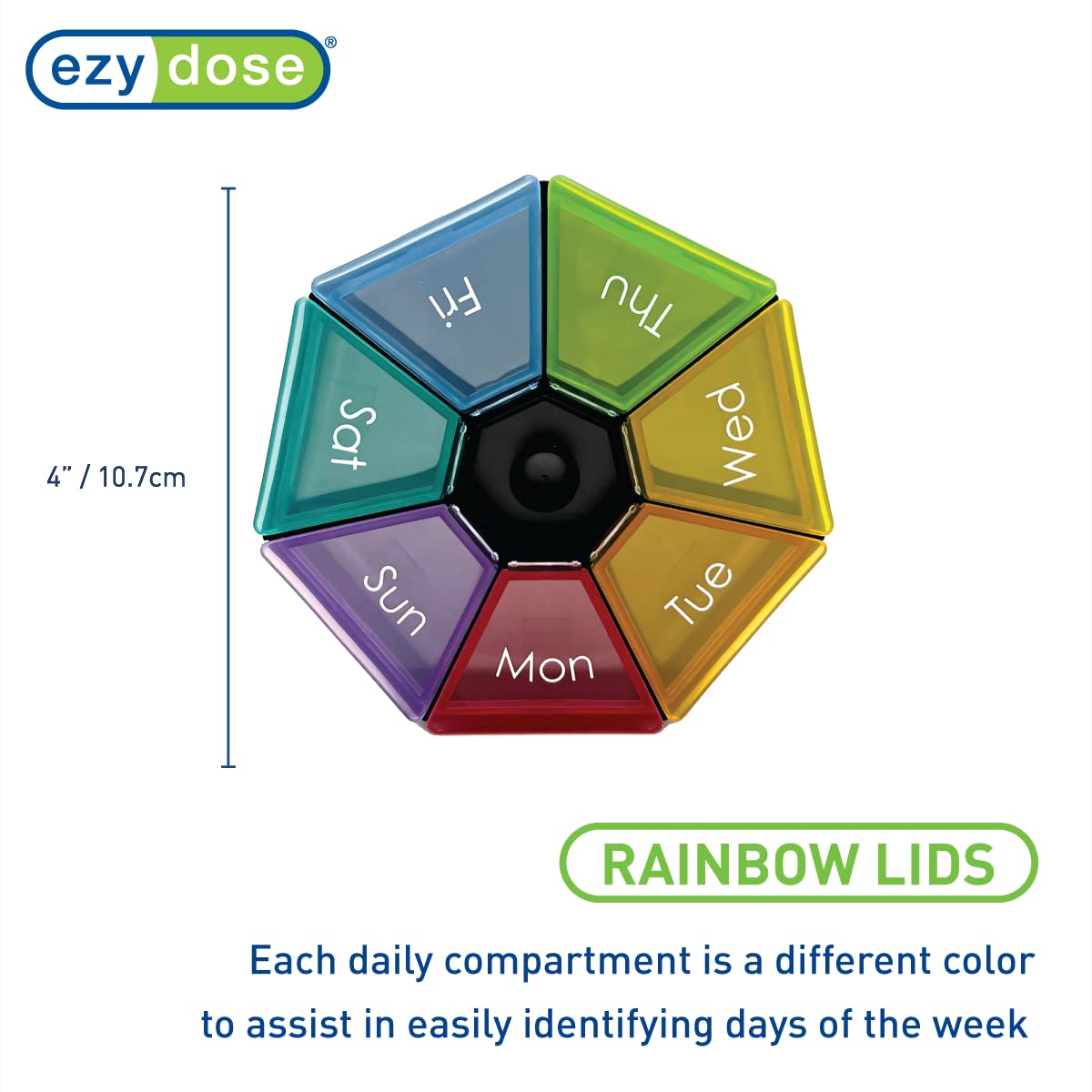 EZY DOSE Weekly Pill Organizer and Planner, Travel Pill Planner, 7-Sided, Rainbow Colors