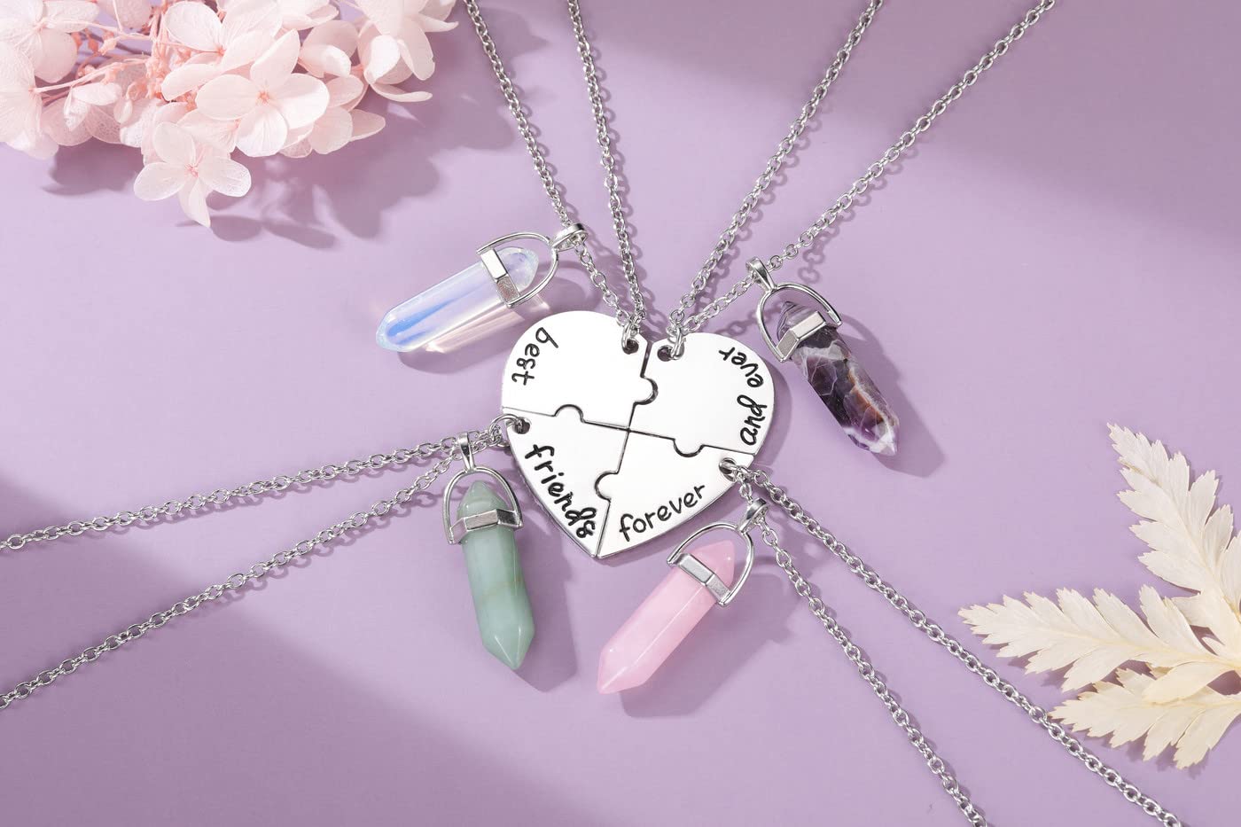 PESOENTH BFF Best Friend Necklace for 4- Healing Crystal Friendship Necklaces BFF Gifts Women Matching Heart Best Friends Foreve
