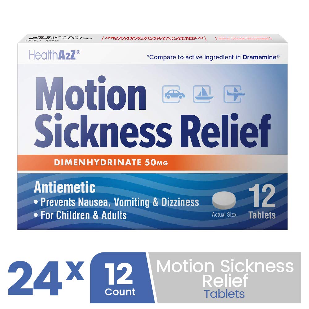 HealthA2Z Motion Sickness Relief | Dimenhydrinate 50mg | Antiemetic | Prevents Nausea, Vomiting & Diziness | for Children & Adul