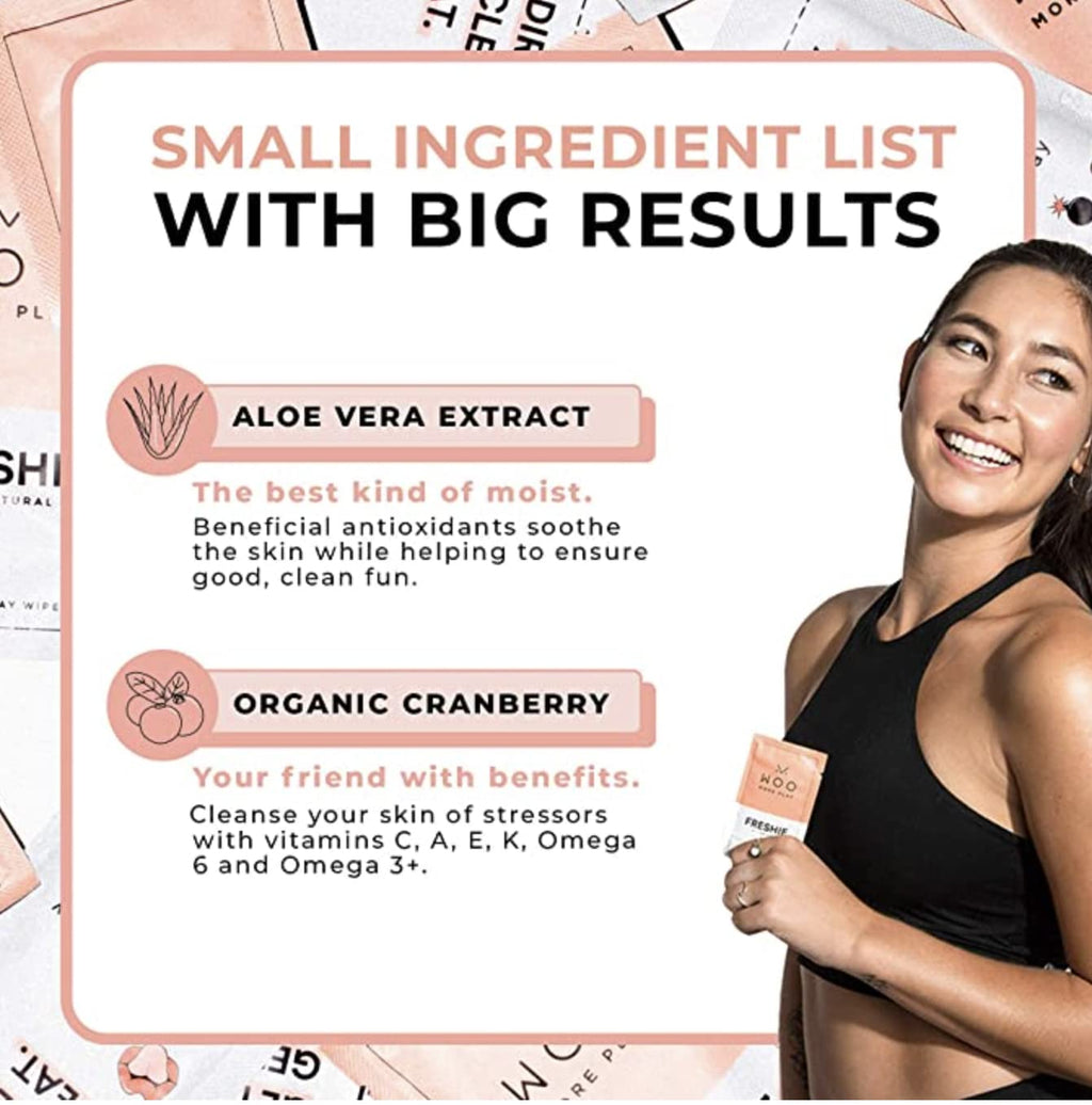 Woo More Play Freshies: All-Natural Feminine Intimacy Towelette Wipes with Coconut Water and Aloe Vera, Promotes Feminine Health