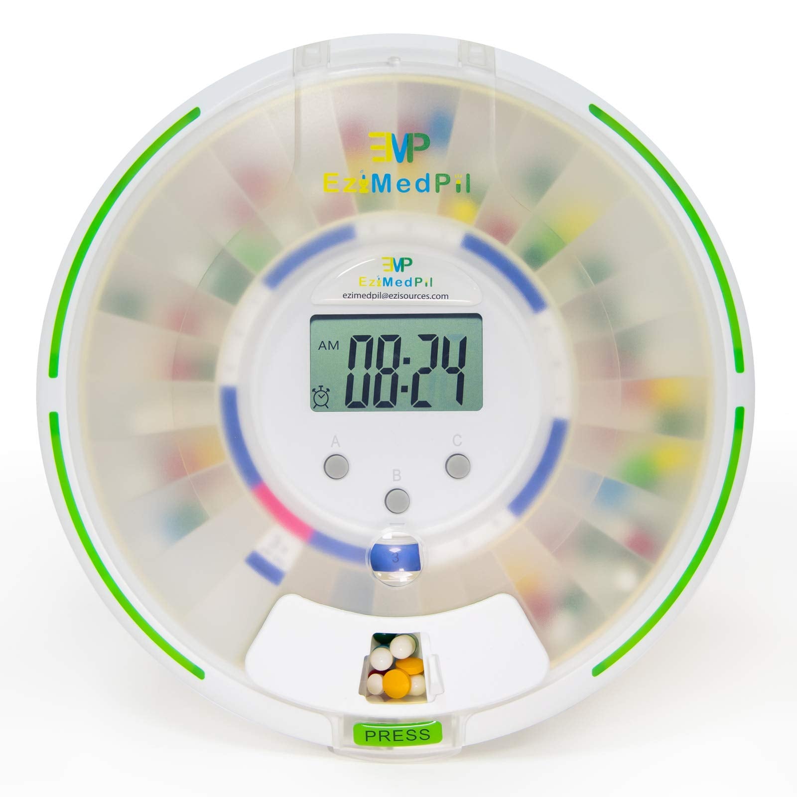 EziMedPil Automatic Pill Dispenser with Alarm, Sound & Light, up to 6 Alarms/Day, 6 Dosage Templates, Easy-Read Display, Frosted