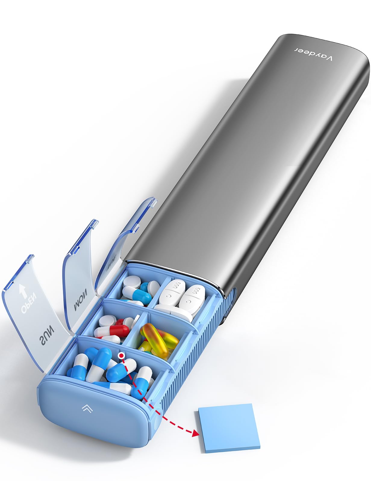 Vaydeer Metal Travel Pill Organizer, 7 Day Weekly Pill Box, Large Capacity Daily Cute Pill Case for Supplements, Pills, Vitamins