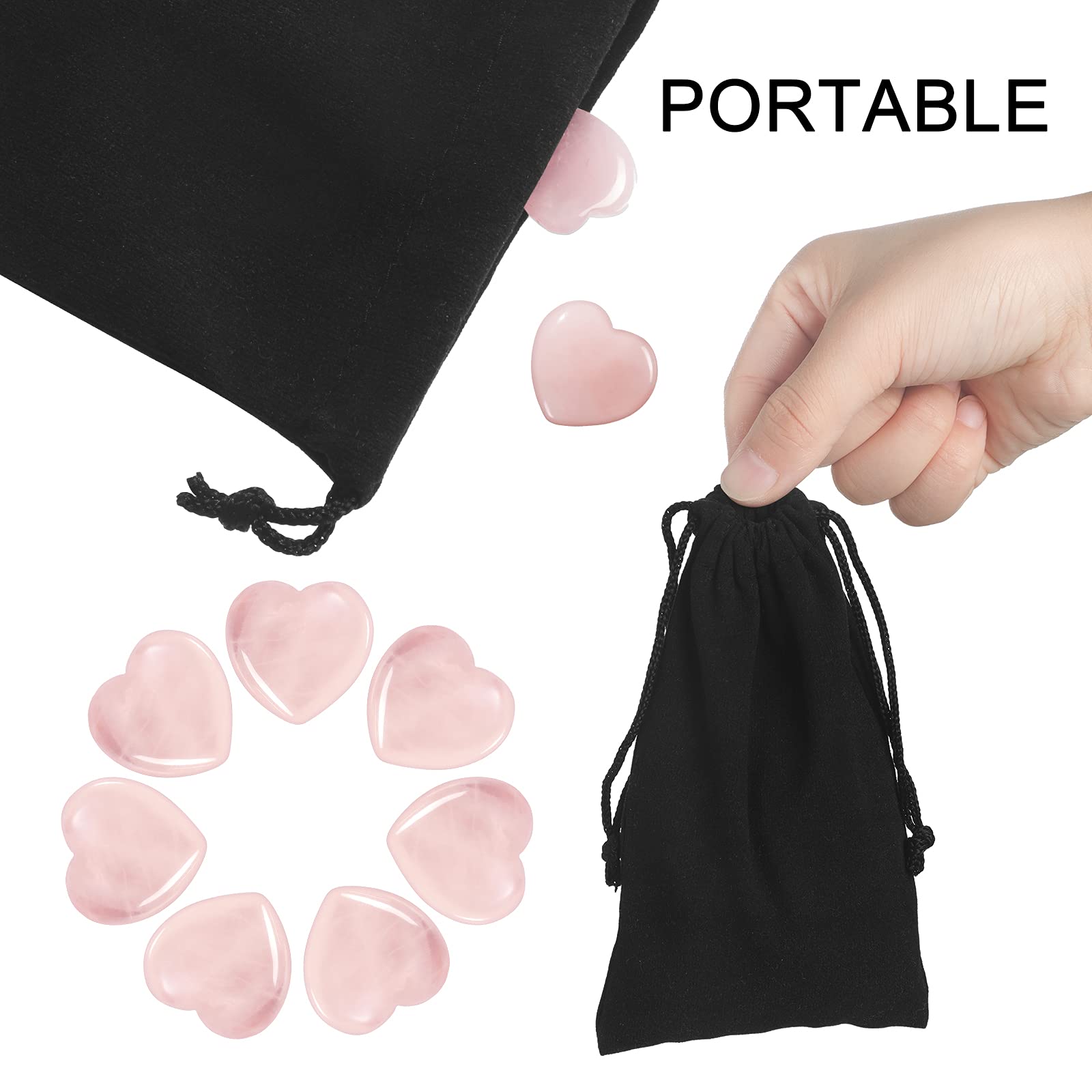 Patelai 24 Pcs Rose Quartz Heart Crystals Pink Heart Shaped Stones Natural Healing Worry Stones Mini Pocket Gemstone with Black