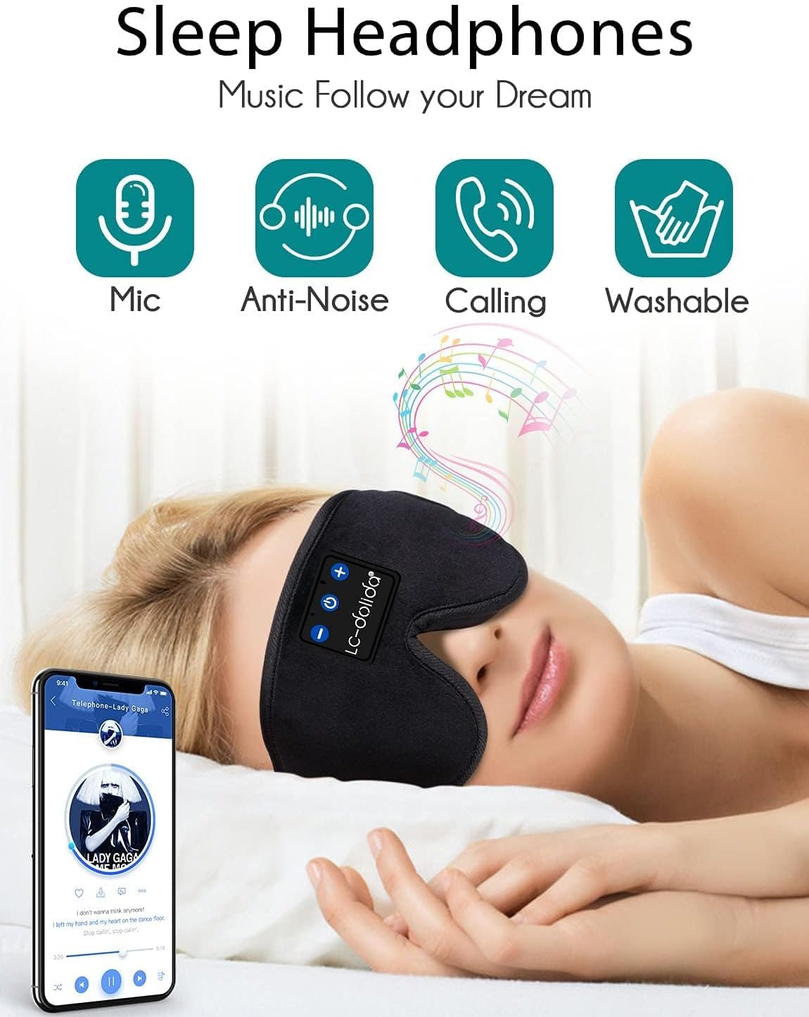 LC-dolida Sleep Mask with Bluetooth Headphones, Sleep Headphones Bluetooth Sleep Mask Eye Mask Pressure Relief Night Sleeping He