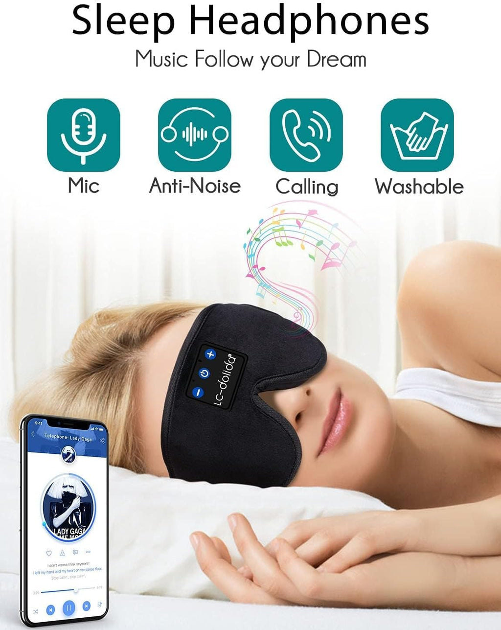LC-dolida Sleep Mask with Bluetooth Headphones, Sleep Headphones Bluetooth Sleep Mask Eye Mask Pressure Relief Night Sleeping He