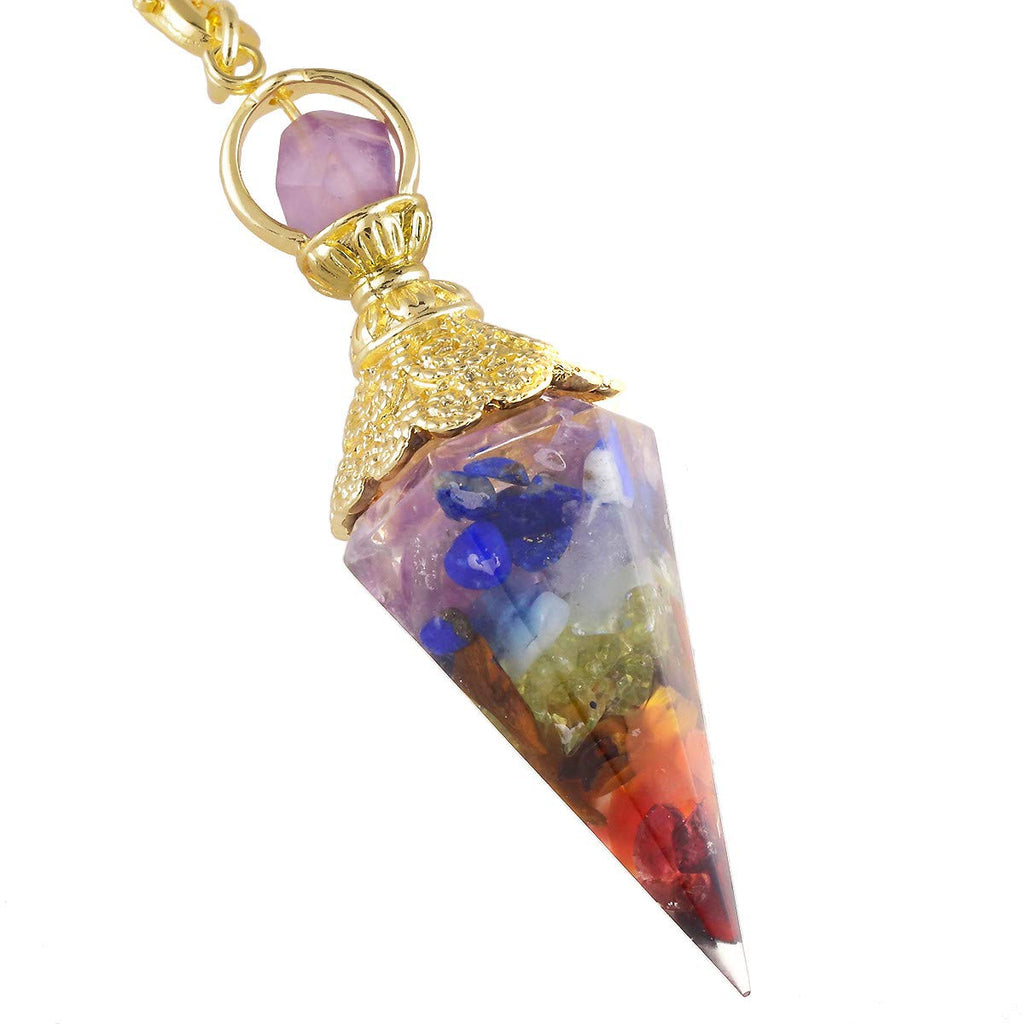 Rockcloud Healing Crystal Point Pendulum for Divination, Chakra Reiki Dowsing Balancing 6 Facet Pendant, 7 Chakra Stone