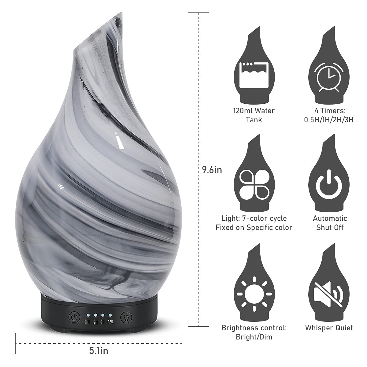 Essential Oil Diffuser 120ml Ultrasonic Aromatherapy Diffuser with Handmade Glass BPA Free Waterless Auto-Off, 4 Timer Setting 7