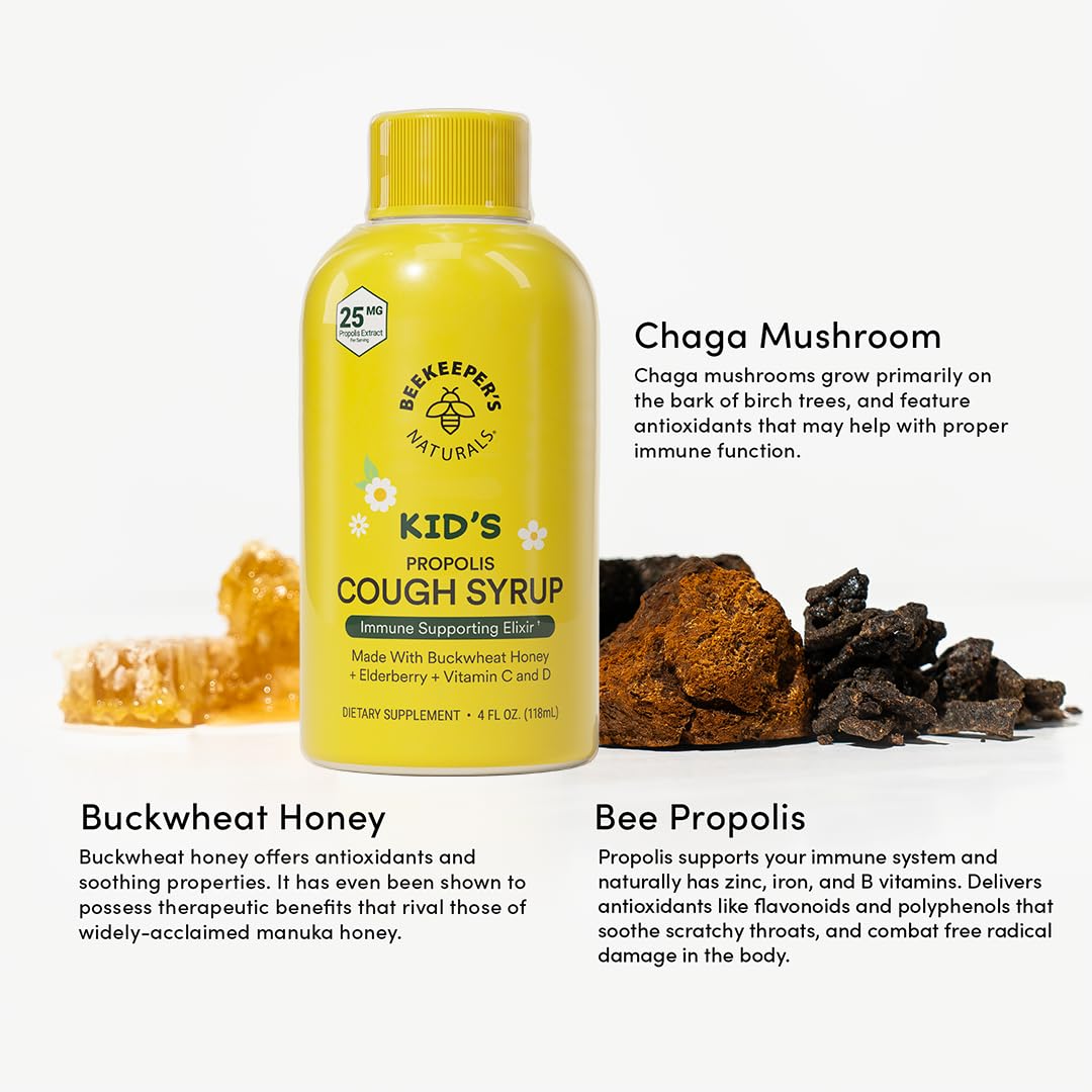 Beekeepers Naturals Propolis Honey Cough Syrup Daytime for Kids Immune Support with Elderberry, Vitamin C, Vitamin D & Raw Hone