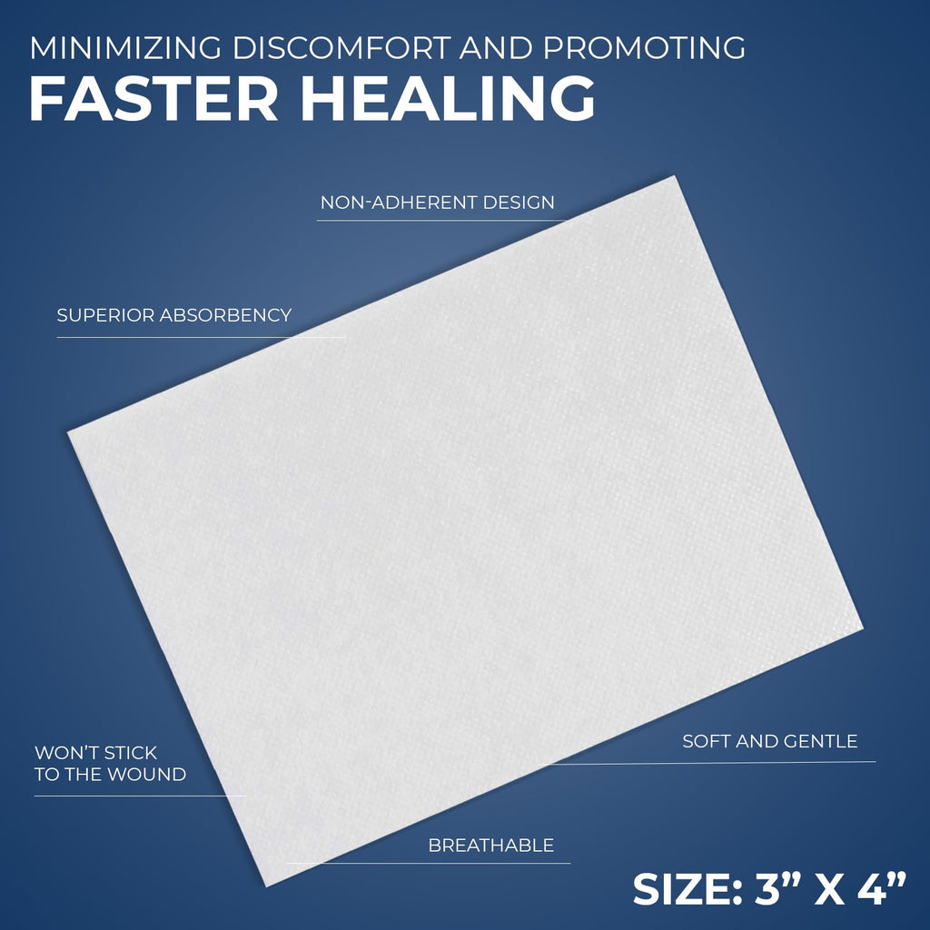 MED PRIDE Non-Adherent Pads 3 X 4 Sterile Wound Dressings, Individually Wrapped, Highly Absorbent, Painless Removal, Pack of 100