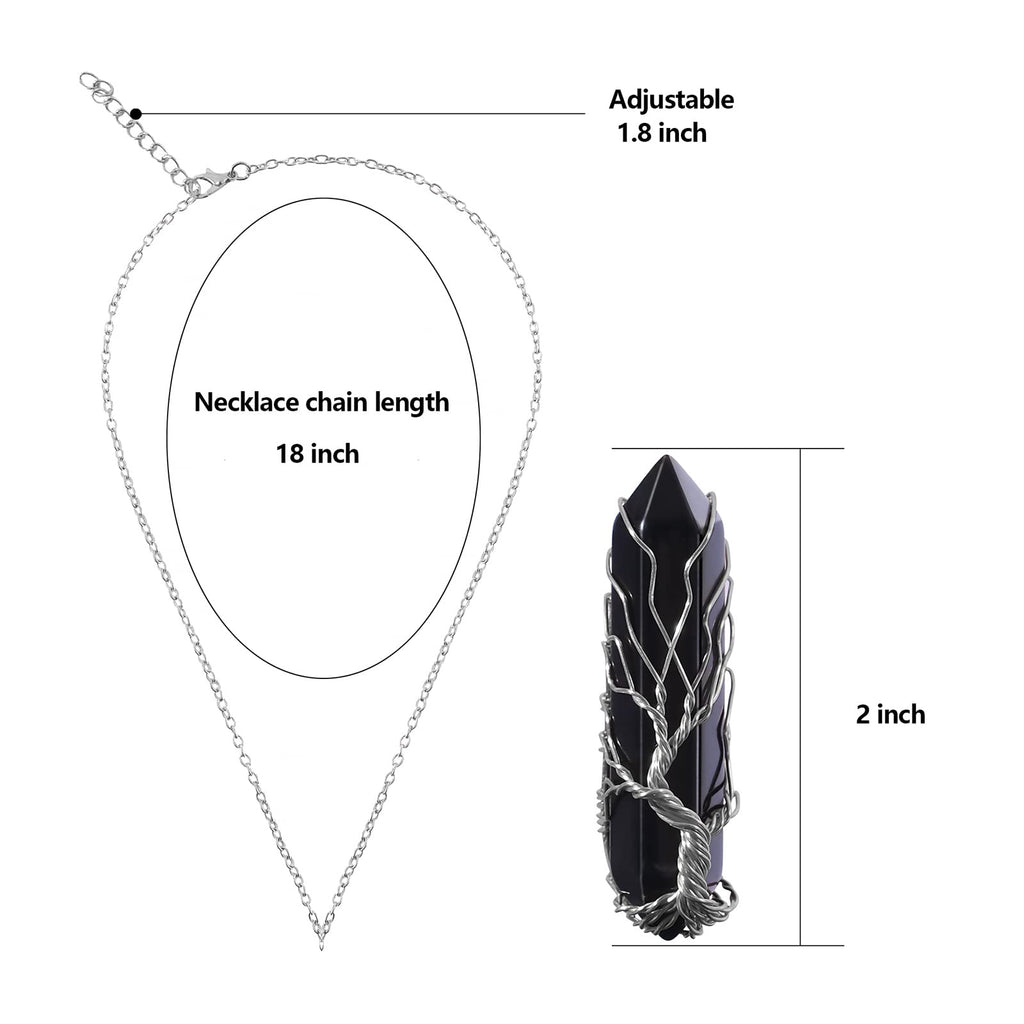 VIBILIA Healing Crystal Necklace Tree of Life Wire Wrapped Natural Black Agate Stone Point Pendant Necklace Hexagonal Reiki Spir