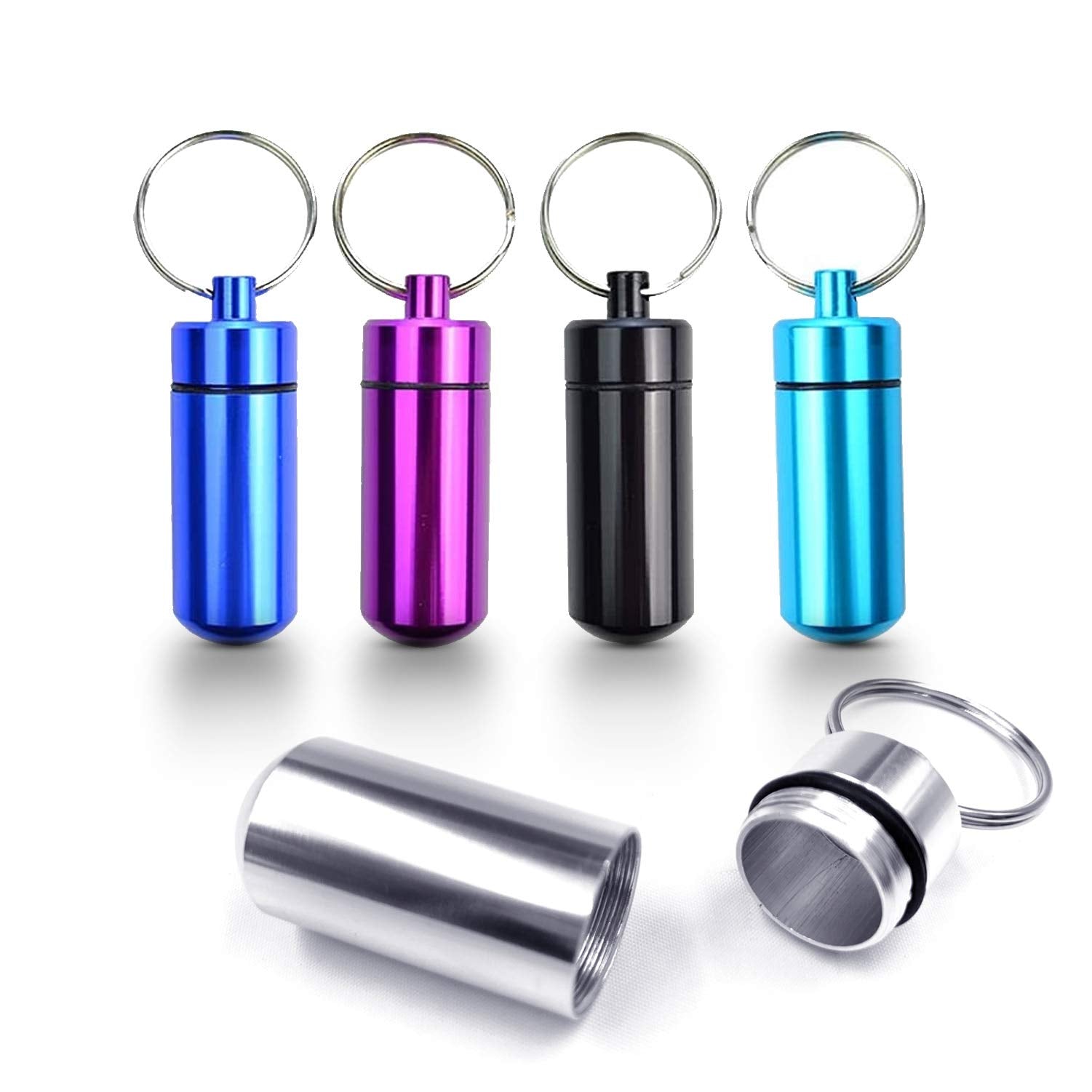 Deke Home - Keychain Pill Holder (5 Pack), Aluminium Small Pill Case, Waterproof Pill Bottle Organizer, Portable Mini Travel Con