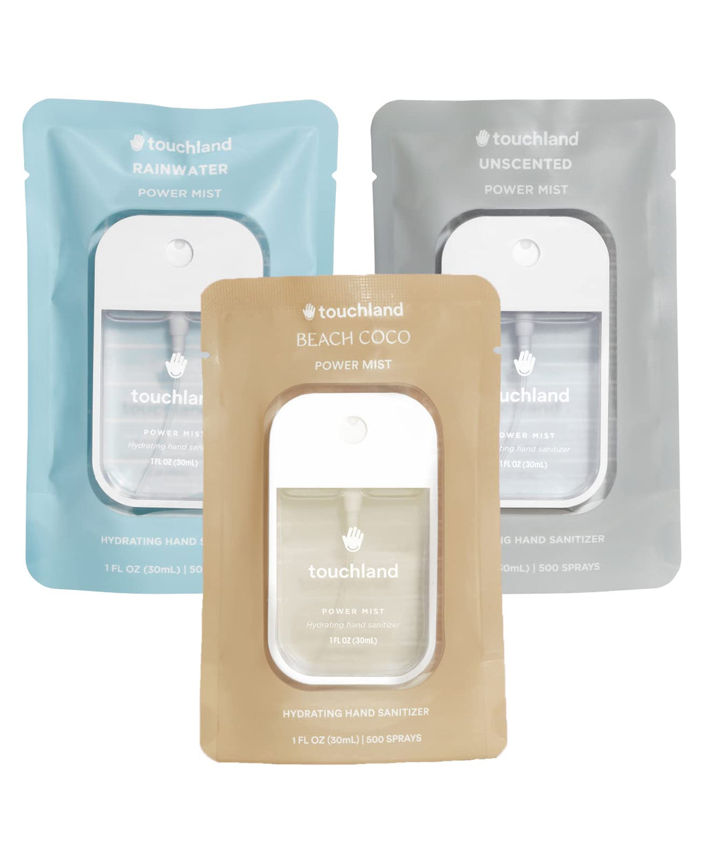 Touchland Power Mist Hydrating Hand Sanitizer Spray, DYE FREE Trio Set (Rainwater, Unscented, Beach Coco), 1 FL. OZ. Travel Size