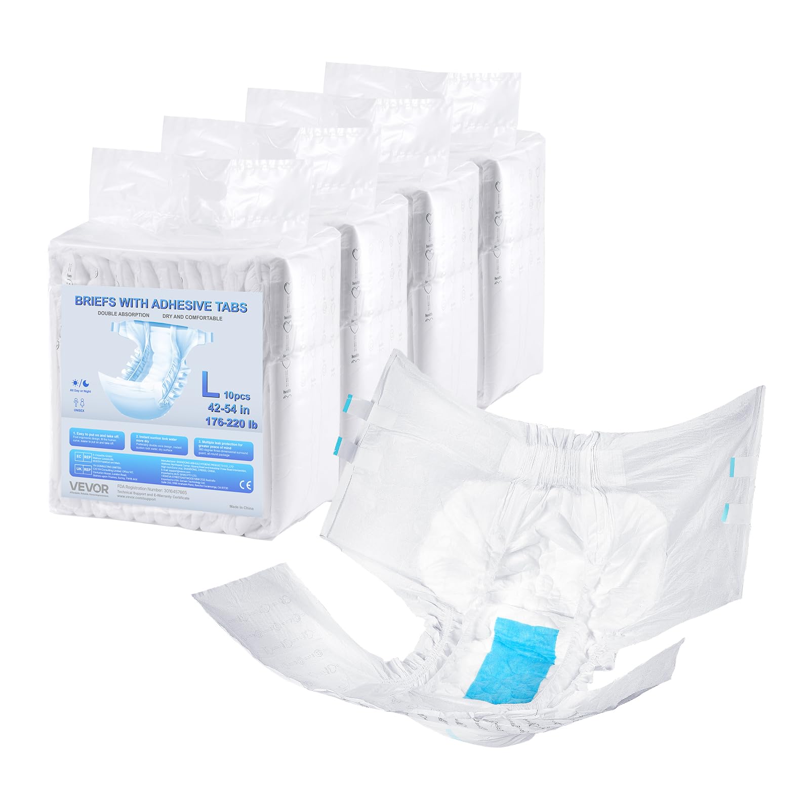 VEVOR Adult Briefs with Tabs, Super Absorbent Incontinence Briefs for Men and Women, Disposable Adult Diapers with Leakproof 3D 