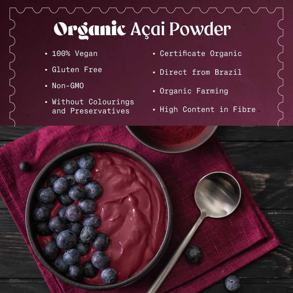 NaturaleBio Organic Acai Powder - 8oz Freeze Dried Acai Berry Powder (Freeze Dried) from Brazil - Dried Raw Food from Acai Fruit