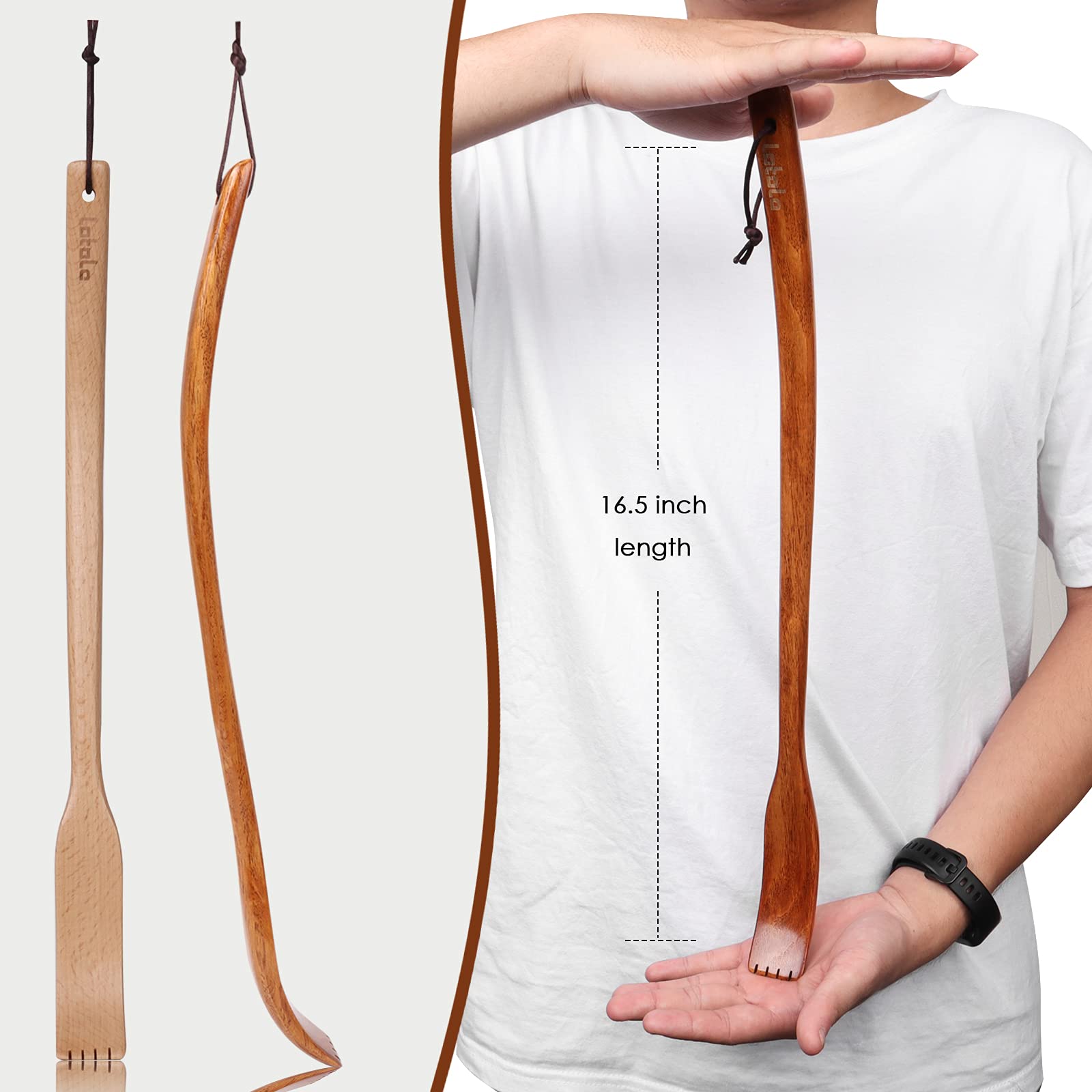 LotoLe Wooden Back Scratcher, Ergonomic Oversized Curved Long Handle Wood Back Scratcher for Men Women Adults - 16.5   , 2 Color