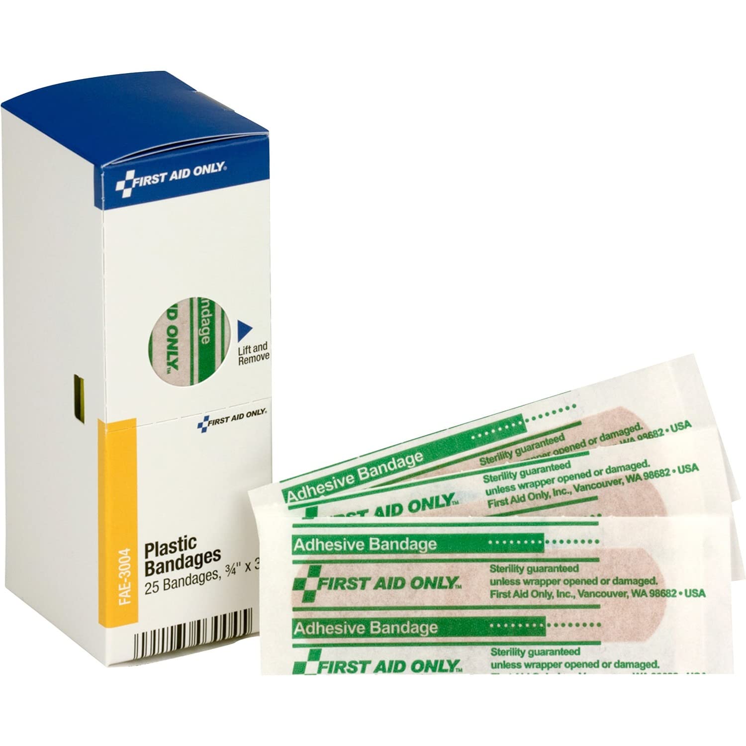 First Aid Only, Inc FAE3004 Plastic Bandages, 3/4-Inch x 3-Inch, 25/Box