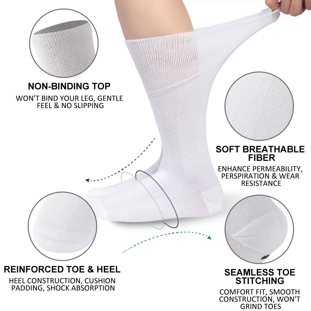 KitNSox Mens Diabetic Crew Socks Womens Mid-Calf Large Feet Daily Big and Tall Comfort Diabetes Extra Wide Socks 3 Pack White XL