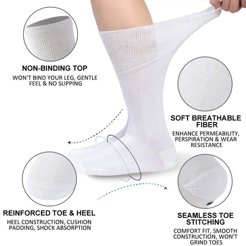 KitNSox Mens Diabetic Crew Socks Womens Mid-Calf Large Feet Daily Big and Tall Comfort Diabetes Extra Wide Socks 3 Pack White XL