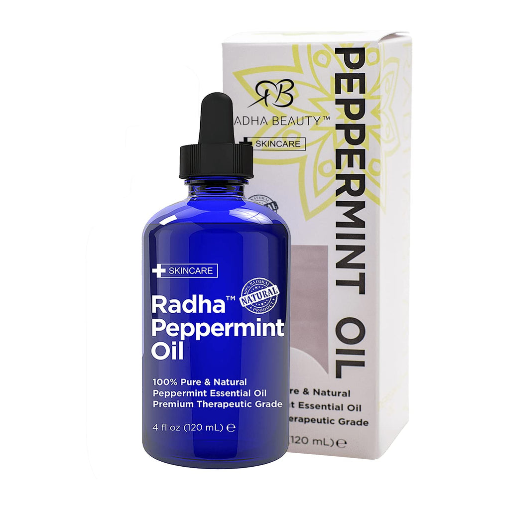 Radha Beauty Peppermint Essential Oil 4 oz - 100% Pure & Therapeutic Grade, Steam Distilled for Aromatherapy, Fresh Minty Scent,
