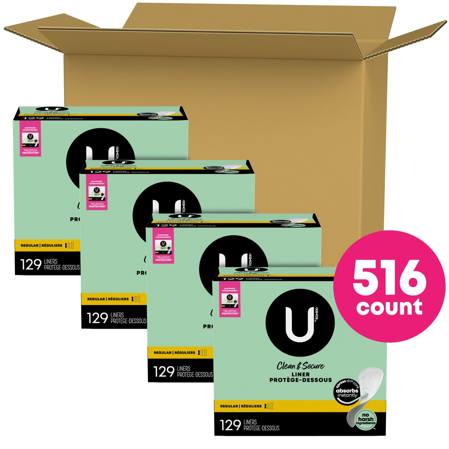 U by Kotex Clean & Secure Panty Liners, Light Absorbency, Regular Length, 516 Count (4 Packs of 129) (Packaging May Vary)