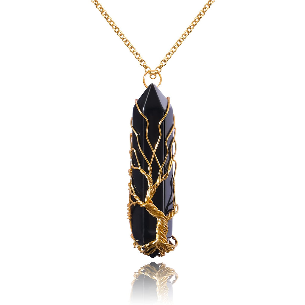 VIBILIA Healing Crystal Necklace Tree of Life Wire Wrapped Black Stone Point Pendant Necklace Hexagonal Reiki Spiritual Jewelry 