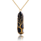 VIBILIA Healing Crystal Necklace Tree of Life Wire Wrapped Black Stone Point Pendant Necklace Hexagonal Reiki Spiritual Jewelry 