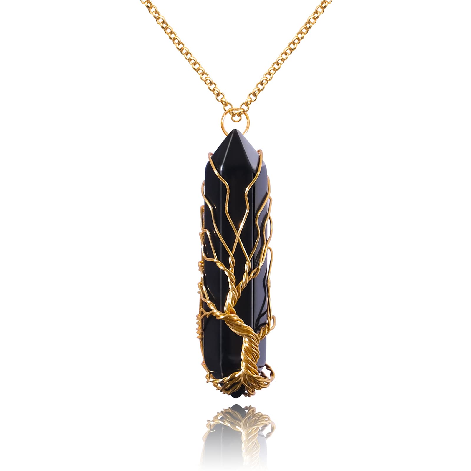 VIBILIA Healing Crystal Necklace Tree of Life Wire Wrapped Black Stone Point Pendant Necklace Hexagonal Reiki Spiritual Jewelry 