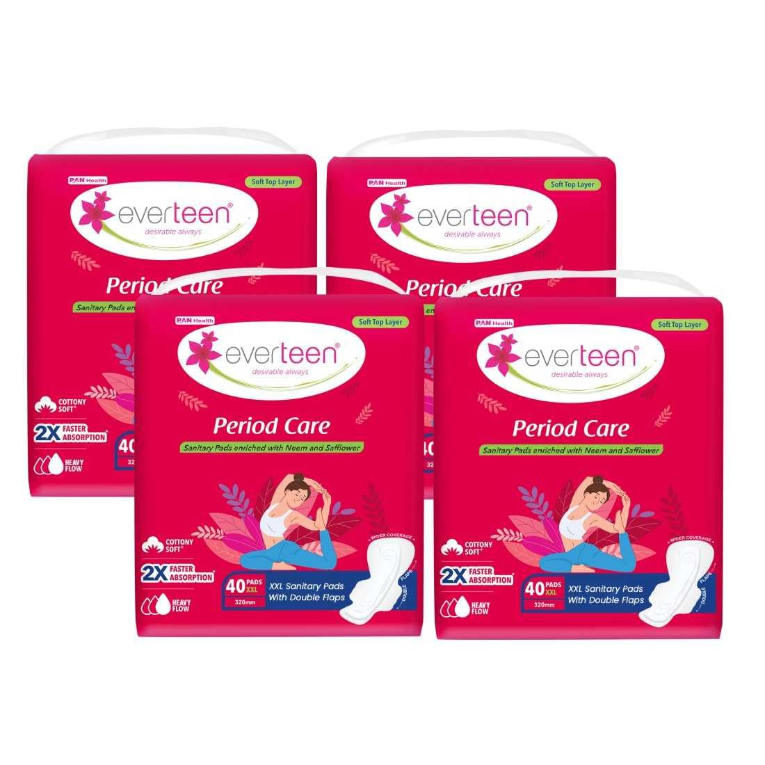 Everteen Xxl Sanitary Pads For Women, 320Mm, Double Wing Shape Napkins, Soft Top Layer With Advanced Leak Protection  4 Pack (4