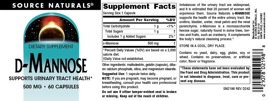 Source Naturals D-Mannose, Potent Urinary Tract & Bladder Health Support*, 500mg - 60 Capsules