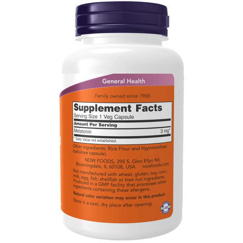 NOW Foods Supplements, Melatonin 3 mg, Free Radical Scavenger*, Healthy Sleep Cycle*, 180 Veg Capsules