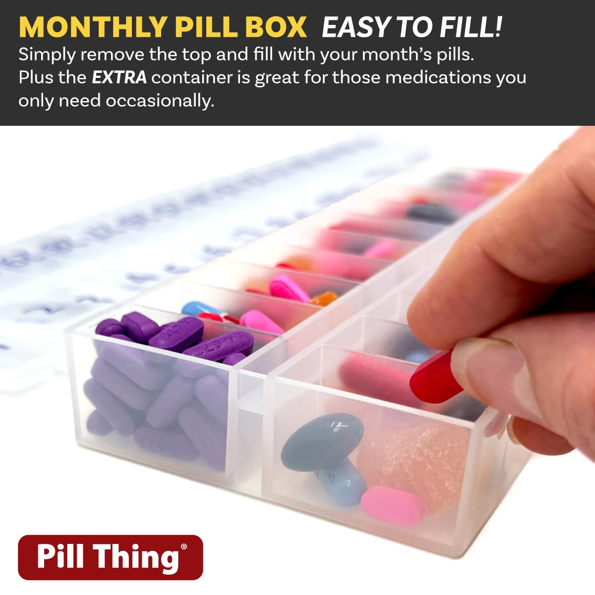 Once-a-Day Monthly Pill Organizer - Large Compartments with Removable Lid for Easy Loading - Holds 31 Days of Medications Plus E